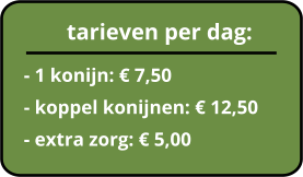 tarieven per dag:  - 1 konijn: € 7,50  - koppel konijnen: € 12,50  - extra zorg: € 5,00